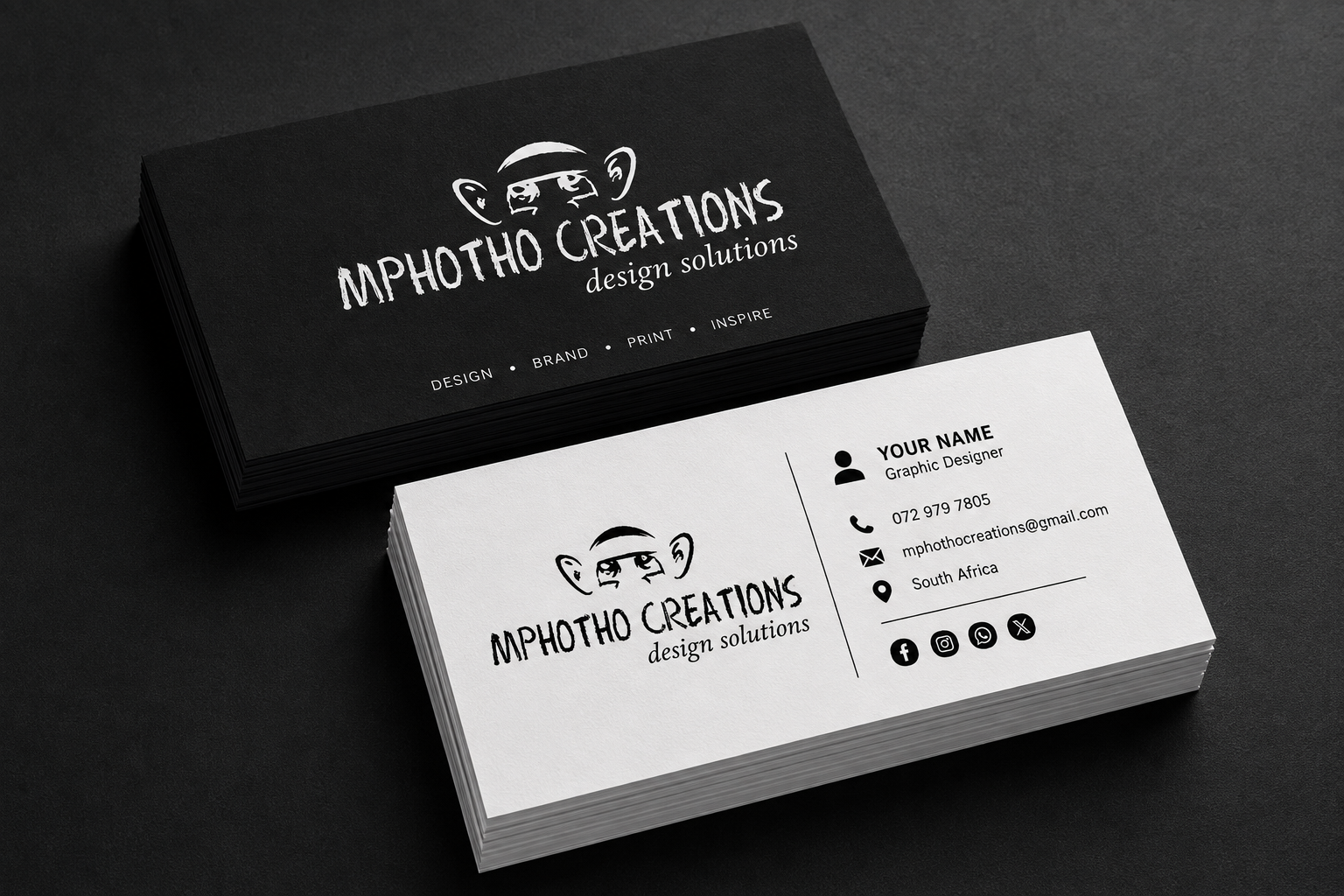 Mphotho Creations business cards, black and white