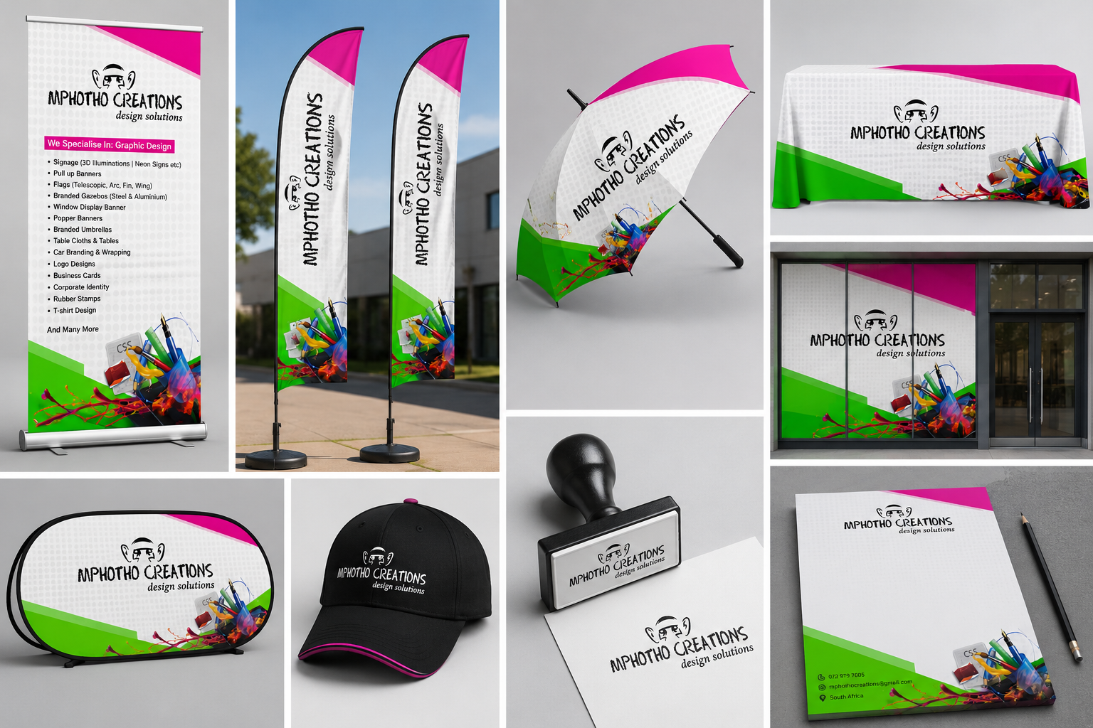 Branded flags, umbrella, table cloth and stationery